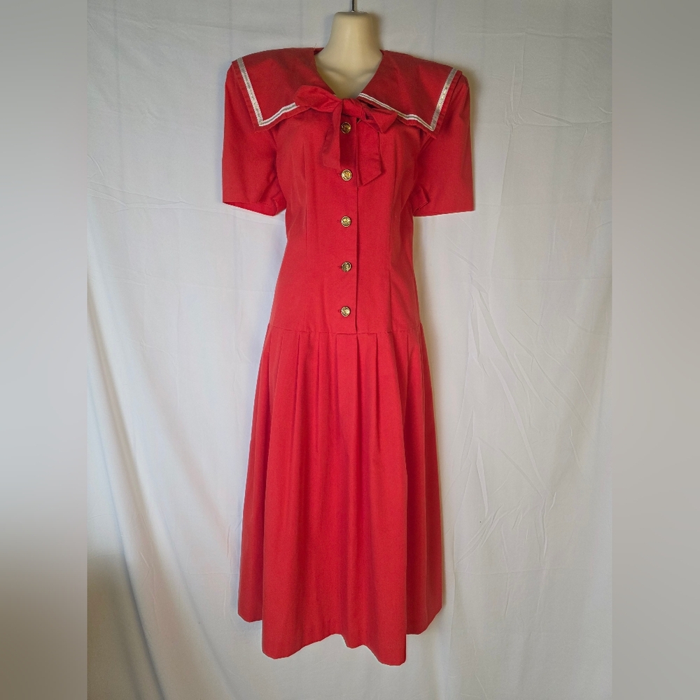 Vintage Seret Nautical Red Button-Front Midi Dress